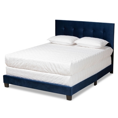 Baxton Studio Caprice Modern and Contemporary Glam Navy Blue Velvet Fabric Upholstered Queen Size Panel Bed, Navy Blue/Black, large