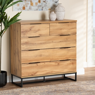 Baxton Studio Franklin Modern and Contemporary Oak Finished Wood and Black Finished Metal 5-Drawer Bedroom Chest, , large