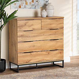 Baxton Studio Franklin Modern and Contemporary Oak Finished Wood and Black Finished Metal 5-Drawer Bedroom Chest, , rollover