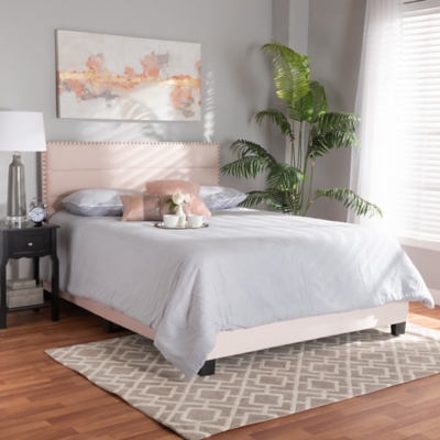 Baxton Studio Tamira Modern and Contemporary Glam Light Pink Velvet Fabric Upholstered Full Size Panel Bed, Light Pink/Black, rollover