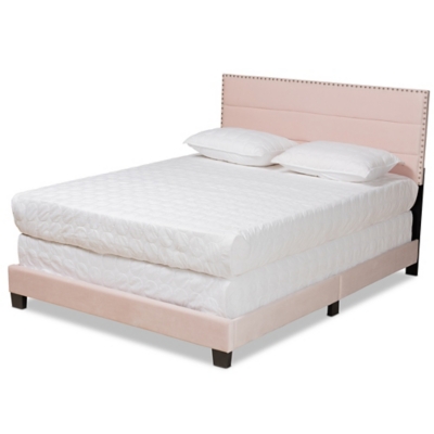 Baxton Studio Tamira Modern and Contemporary Glam Light Pink Velvet Fabric Upholstered Full Size Panel Bed, Light Pink/Black, large