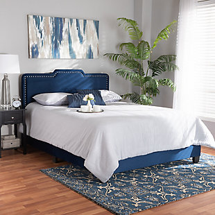 Baxton Studio Benjen Modern and Contemporary Glam Navy Blue Velvet Fabric Upholstered Queen Size Panel Bed, Navy Blue/Black, rollover