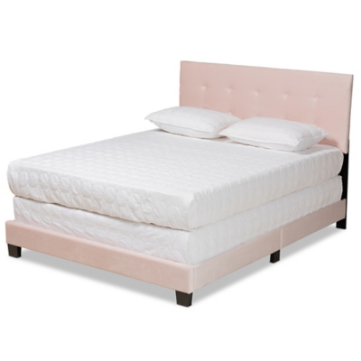 Baxton Studio Caprice Modern and Contemporary Glam Light Pink Velvet Fabric Upholstered Queen Size Panel Bed, Light Pink/Black, large