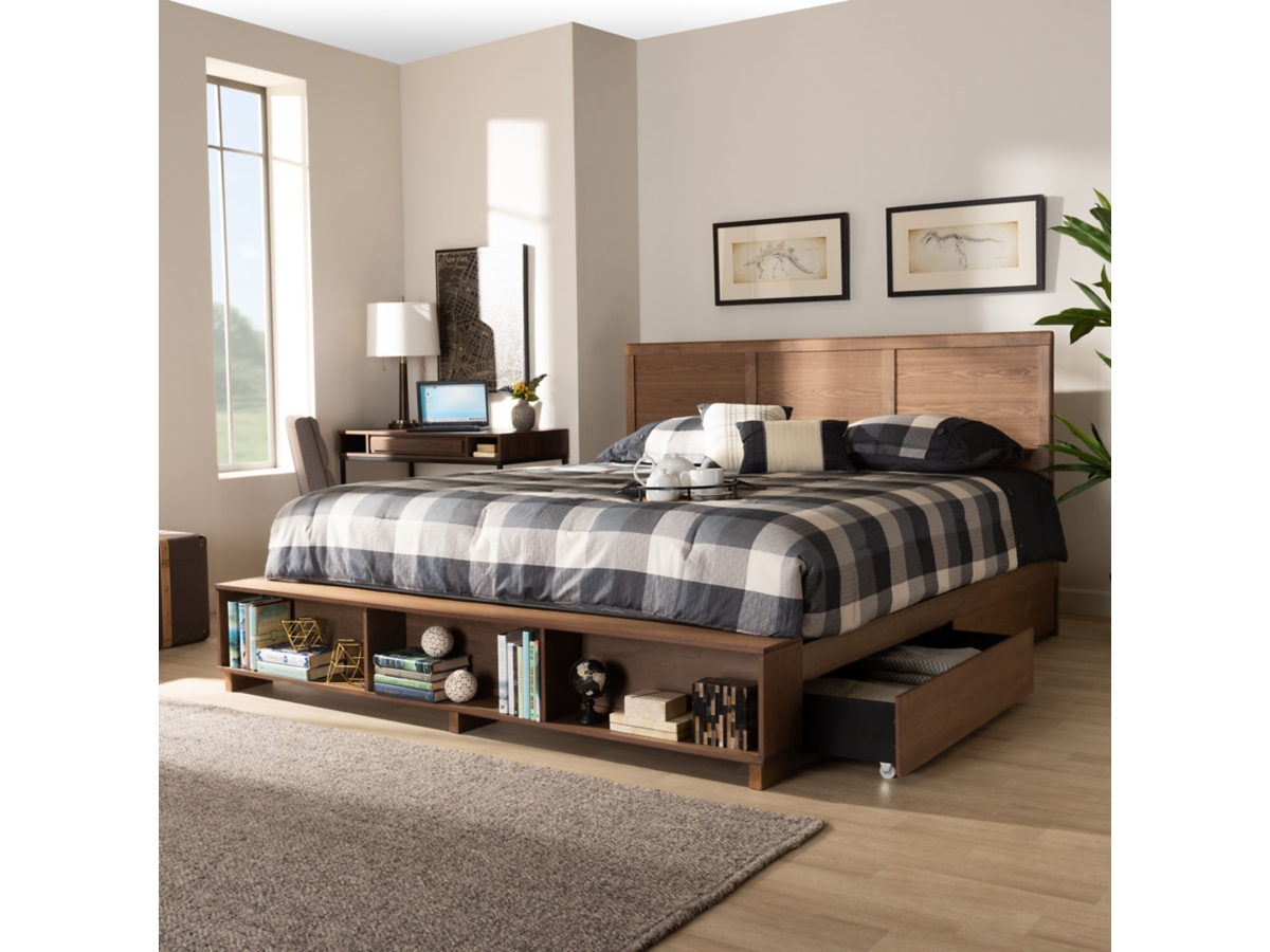 Baxton Studio Tamsin Wood King Size 4 Drawer Platform Storage Bed with Built In Shelves