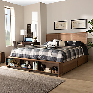 Baxton Studio Tamsin Modern Transitional Ash Walnut Brown Finished Wood King Size 4-Drawer Platform Storage Bed with Built-In Shelves, , rollover