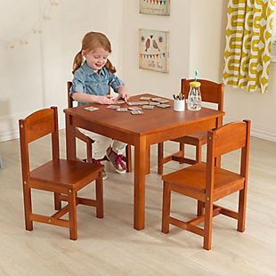 KidKraft Wooden Farmhouse Table and 4 Chairs Set, Children's Furniture for Arts and Activity – Pecan, , rollover