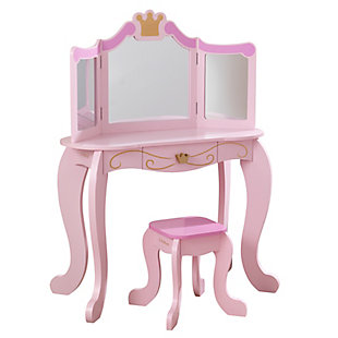 KidKraft Wooden Princess Vanity and Stool Set with Mirror, Pink, , rollover