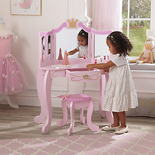 KidKraft Wooden Princess Vanity and Stool Set with Mirror, Pink, , large
