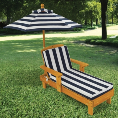 KidKraft Outdoor Wood Chaise Lounge Childrens Chair with Fabric Umbrella and Cushion, Navy and White Stripe, Honey