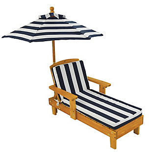 KidKraft Outdoor Wood Chaise Lounge Children's Chair with Fabric Umbrella and Cushion, Navy and White Stripe, , large