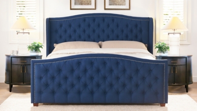 Marcella Upholstered Shelter Wingback Panel Bed, Dark Sapphire Blue