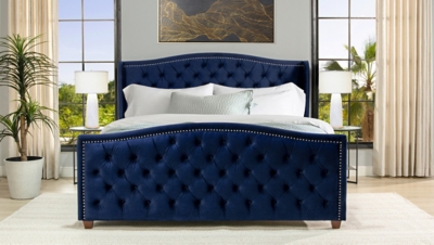 Marcella Upholstered Shelter Wingback Panel Bed, Navy Blue