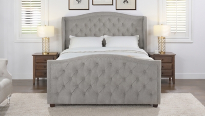 Marcella Upholstered Shelter Wingback Panel Bed, Silver Gray