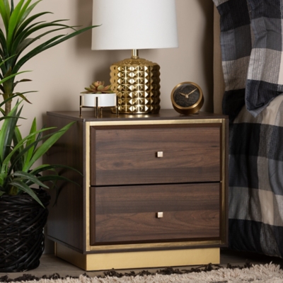 Baxton Studio Cormac Mid-Century Modern Transitional Walnut Brown Finished Wood and Gold Metal 2-Drawer Nightstand, Walnut Brown/Gold