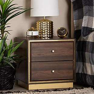 Baxton Studio Cormac Mid-Century Modern Transitional Walnut Brown Finished Wood and Gold Metal 2-Drawer Nightstand, , rollover