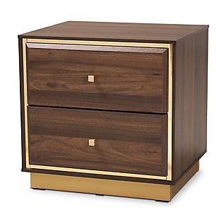 Baxton Studio Cormac Mid-Century Modern Transitional Walnut Brown Finished Wood and Gold Metal 2-Drawer Nightstand, , large