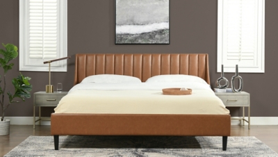 Jennifer Taylor Aspen Vertical Tufted Headboard Platform King Bed, Caramel Tan Brown, large