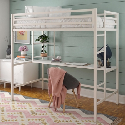 Novogratz Maxwell Metal Twin Loft Bed with Desk and Shelves, White