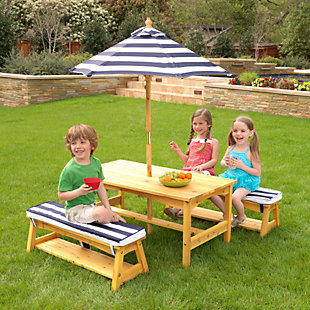 KidKraft Outdoor Wooden Table and Benches With Umbrella, , rollover