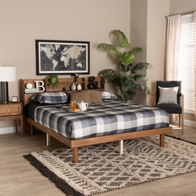 Baxton Studio Harper Full Platform Bed with Charging Station, Walnut Brown