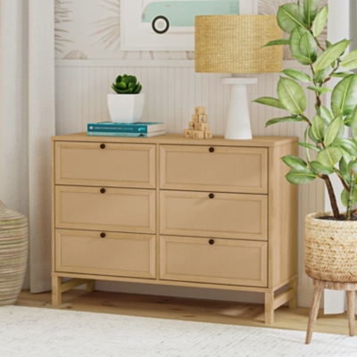 Wood six-drawer dresser with recessed drawer fronts and round knobs
