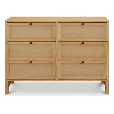 Six-drawer wood dresser with recessed drawer panels and round knobs