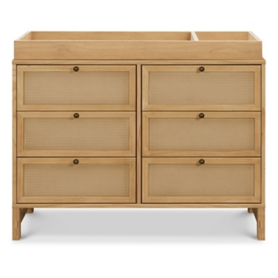 Six-drawer wood dresser front with recessed panels and round knobs