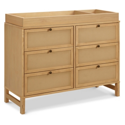 Six-drawer wood dresser side view with recessed drawer panels