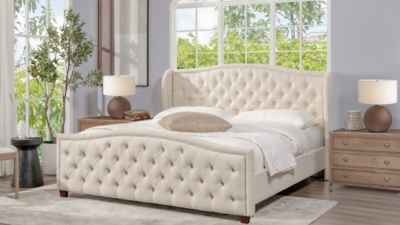 Jennifer Taylor Fontana Wingback Upholstered Platform King Bed Frame, Sky Neutral Beige