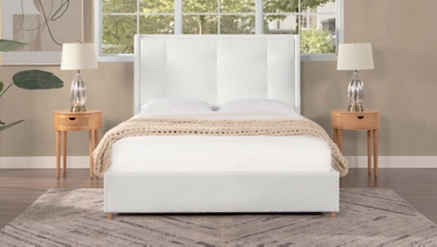 Jennifer Taylor Miramar King Cushion-Back Headboard Platform Bed Frame, Antique White, large