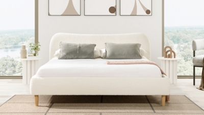 Jennifer Taylor Roman Curved Headboard Upholstered King Platform Bed, Ivory White, large