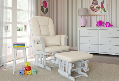 Storkcraft Tuscany Glider and Ottoman, White/Beige, rollover