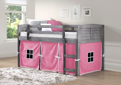 Donco Kids Louver Twin Loft Bed with Tent, Antique Gray/Pink, rollover