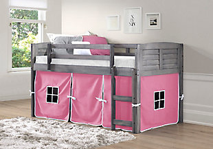 Donco Kids Louver Twin Loft Bed with Tent, Antique Gray/Pink, rollover