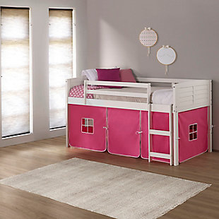 Donco Kids Louver Twin Loft Bed with Tent, White/Pink, rollover