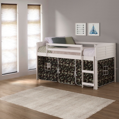 Donco Kids Louver Twin Loft Bed with Tent, White/Camo