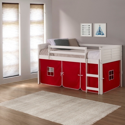 Donco Kids Louver Twin Loft Bed with Tent, White/Red