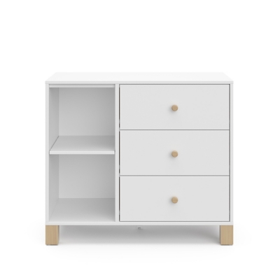 Front view of white dresser with three drawers and left open shelves