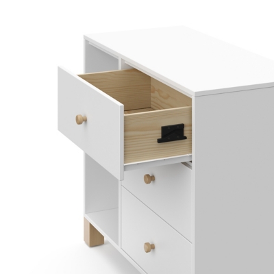 Side view of dresser showing drawers and open shelving