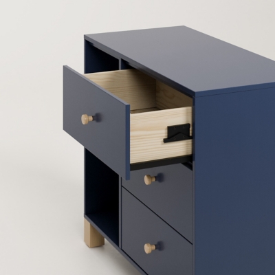 side view with drawer pulled outward showing interior and hardware.