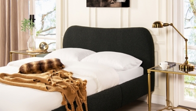 Jennifer Taylor Home Roman Queen Upholstered Platform Bed with Curved Headboard, Ebony Black, large
