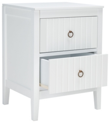 White two-drawer nightstand with both drawers open showing panel doors and brass ring pulls.