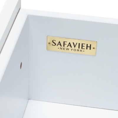 Leg of a white cabinet or nightstand with a squared shap edge, photographed against a white background.