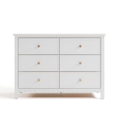 Front view of white dresser with six drawers and gold knobs