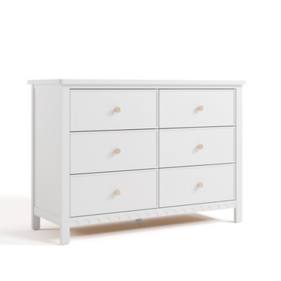 Front view white dresser with gold knobs and base detail