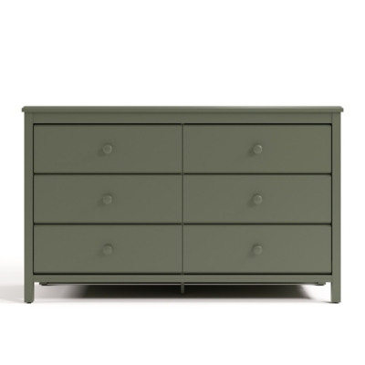Olive green 6-drawer dresser with circular knobs
