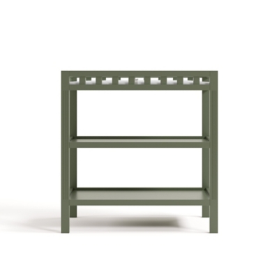 Tall shelf unit in olive green finish with three shelves