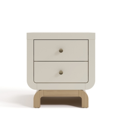 Front view of nightstand showing two drawers and wooden base