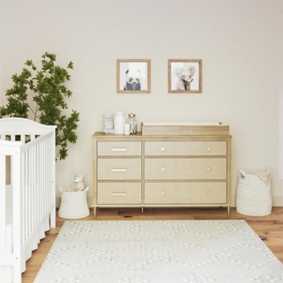 Little Seeds Shiloh Wide 6 Drawer Convertible Dresser and Changing Table, Natural and Faux Rattan, , large