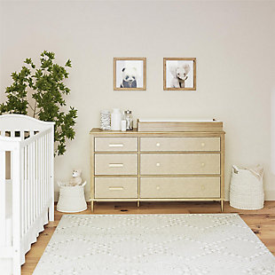 Little Seeds Shiloh Wide 6 Drawer Convertible Dresser and Changing Table, Natural and Faux Rattan, , rollover